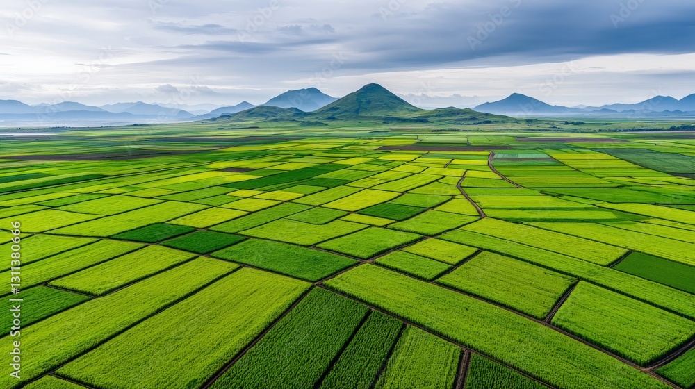 Obraz premium Ecological impact climate recovery concept. Vast green fields with mountains under a cloudy sky.