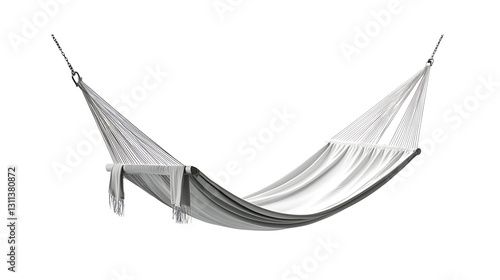 A white and gray striped hammock is suspended from a hook photo