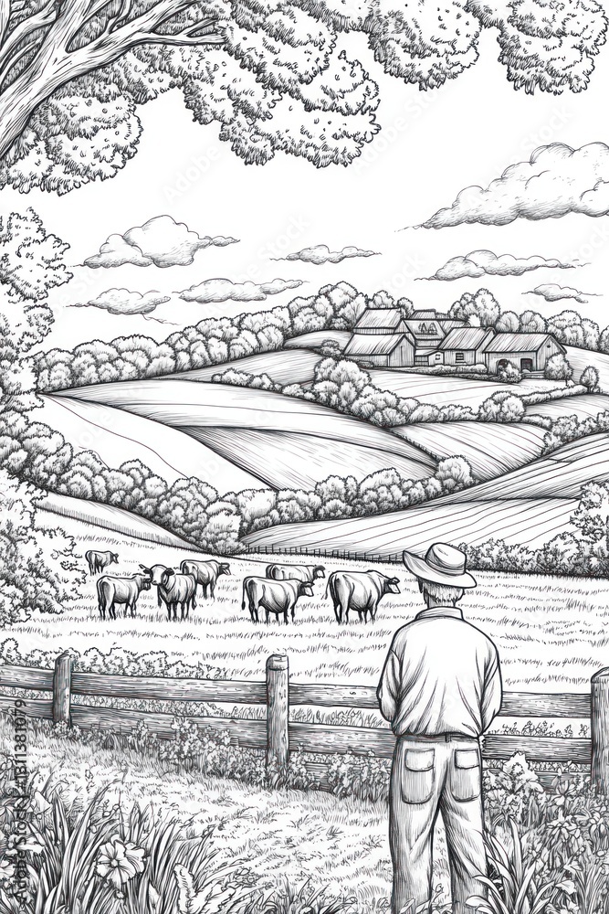 Obraz premium Rural scene, farmer observing sheep, rolling hills, idyllic countryside