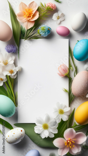 Easter card framed by eggs and spring flowers