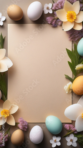 Easter card framed by eggs and spring flowers
