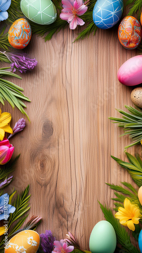 Wooden texture with Easter eggs and spring flowers