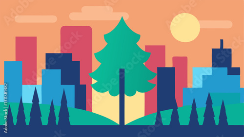 Urban Dreamscape An illustrated tree with large round leaves stands proudly in a forest scene. The shadow it creates falls onto an empty patch of ground cleverly transitioning into