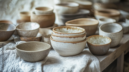 A rustic collection of handmade ceramic bowls and plates in earthy tones, arranged on a soft linen cloth. The organic shapes and textured glazes reflect artisanal craftsmanship, evoking a warm and nat