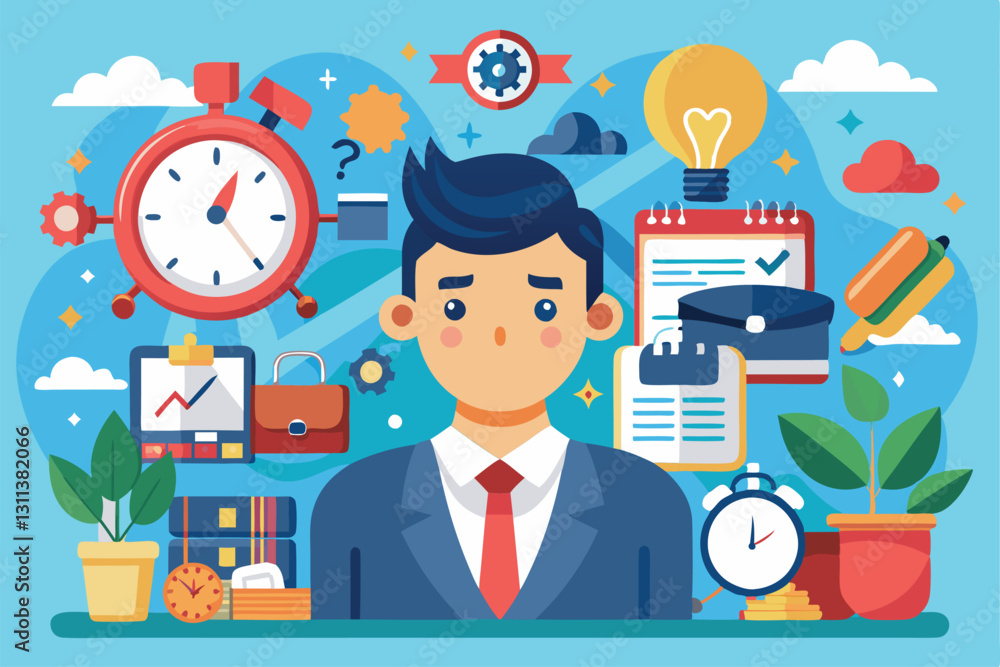An office worker struggling with time management amid clocks, files, and productivity tools in a busy atmosphere, Poor time management and inefficient workflow, Pressure, panic and stress, An office worker struggling with time management amid clocks, files, and productivity tools in a busy atmosphere, Poor time management and inefficient workflow, Pressure, panic and stress,