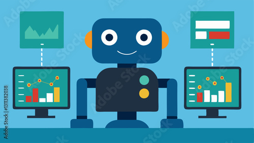 Trade Exeion Robot A friendly cartoon robot sitting in front of multiple computer screens displaying stock market data and graphs symbolizing automated trade exeion.