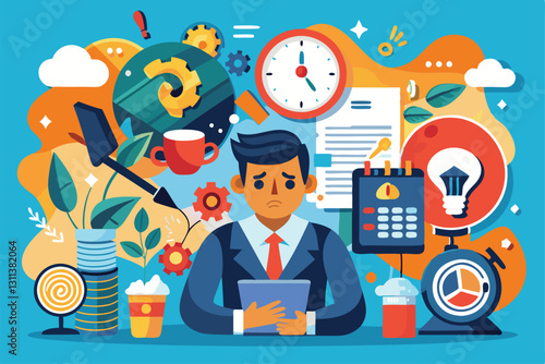 A person looks concerned while managing tasks at a disorganized desk filled with various items, Poor time management and inefficient workflow, Pressure, panic and stress,