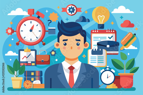 An office worker struggling with time management amid clocks, files, and productivity tools in a busy atmosphere, Poor time management and inefficient workflow, Pressure, panic and stress,