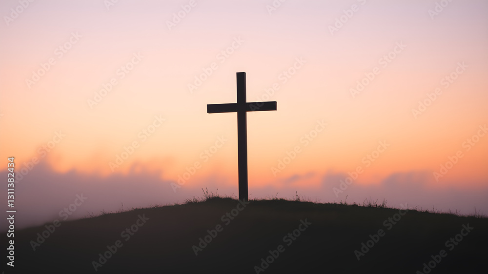 Serene Easter Cross at Dawn. Wooden cross, grassy hill, soft dawn light. Pastel sunrise sky, sun rays. Inspiring & spiritual. Easter Serene Easter Cross at Dawn. Wooden cross, grassy hill, soft dawn light. Pastel sunrise sky, sun rays. Inspiring & spiritual. Easter