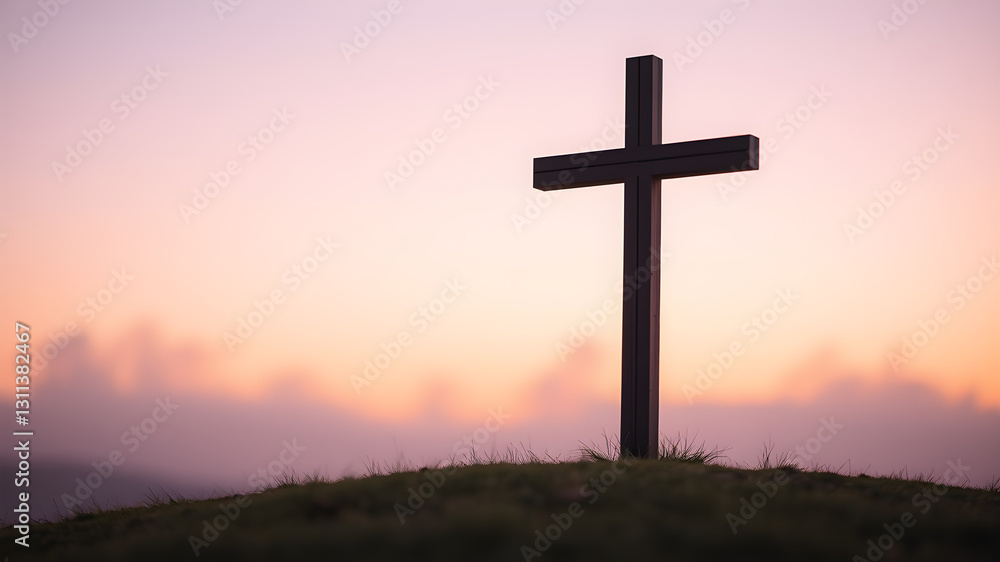 Serene Easter Cross at Dawn. Wooden cross, grassy hill, soft dawn light. Pastel sunrise sky, sun rays. Inspiring & spiritual. Easter Serene Easter Cross at Dawn. Wooden cross, grassy hill, soft dawn light. Pastel sunrise sky, sun rays. Inspiring & spiritual. Easter