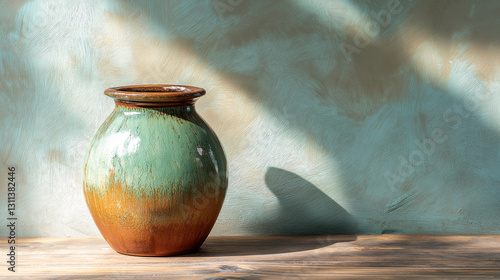 A beautifully glazed ceramic vase with earthy tones of turquoise and brown, placed against a textured, sunlit wall. The interplay of light and shadow enhances the organic feel, evoking a sense of rust
