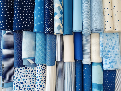 A diverse collection of blue and white fabric rolls in various patterns, including polka dots, stripes, and abstract designs. The mix of deep navy, sky blue, and cream tones creates a fresh and elegan