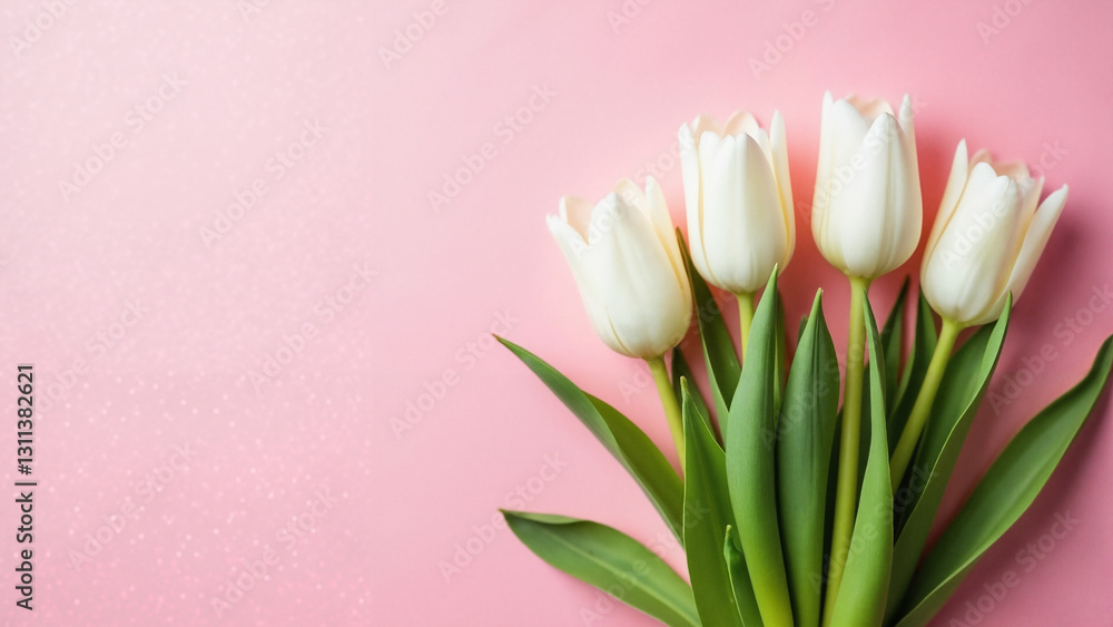 Vibrant Spring Bouquet of White Tulips on Soft Pink Background - Perfect for Mother's Day Cards and Floral Promotions Vibrant Spring Bouquet of White Tulips on Soft Pink Background - Perfect for Mother's Day Cards and Floral Promotions