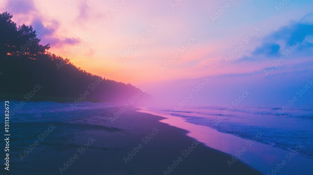 Fototapeta premium Scenic view of a long, empty stretch of sandy beach under a soft cloudy sky, peaceful and inviting, serene and natural