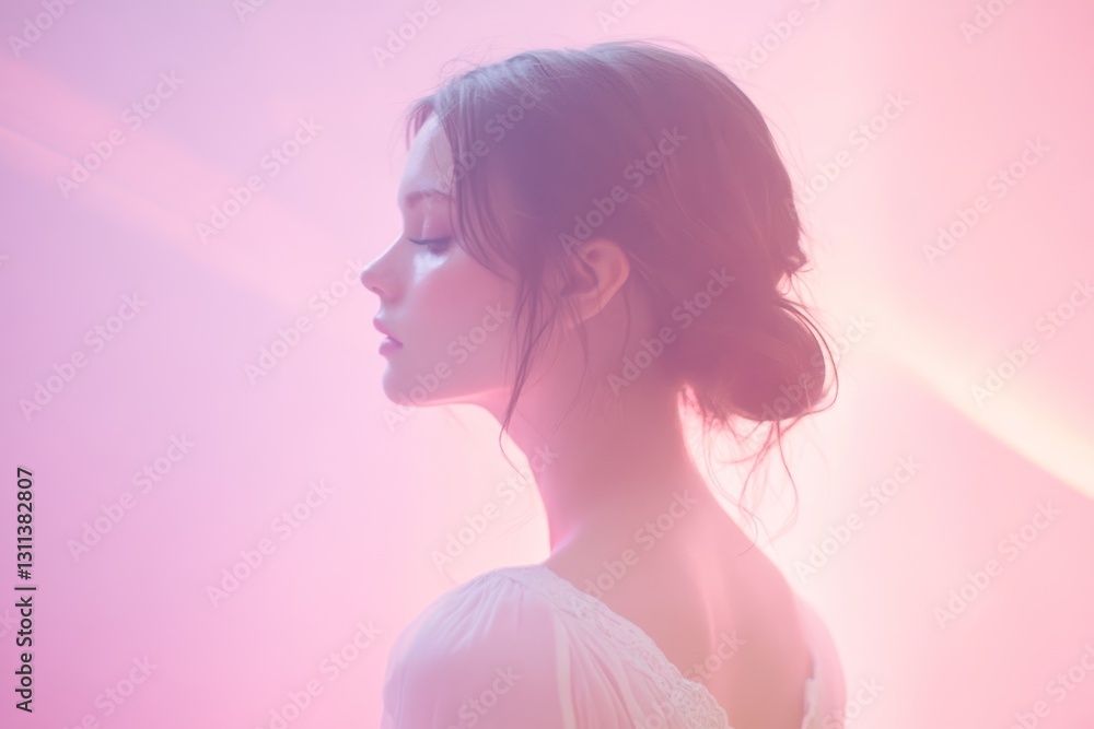 Ethereal Portrait of a Young Woman Against Soft Colorful Background