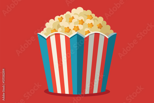 A colorful striped popcorn box is overflowing with light, fluffy popcorn in a bright setting, Popcorns Customizable Disproportionate Illustration