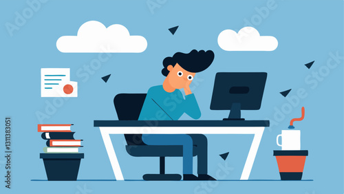The Melodramatic Typist A person sits at a cluttered desk dramatically leaning back in their chair with exaggerated facial expressions. Their eyes are wide with faux despair as