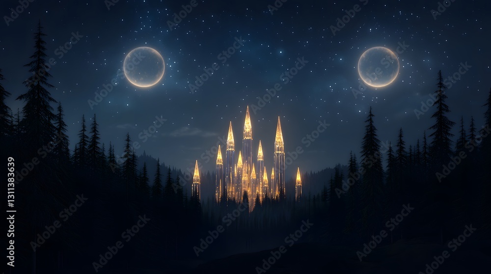 Naklejka premium Enchanting Nighttime View of a Fantasy Palace Surrounded by Mystical Forest Under the Stars