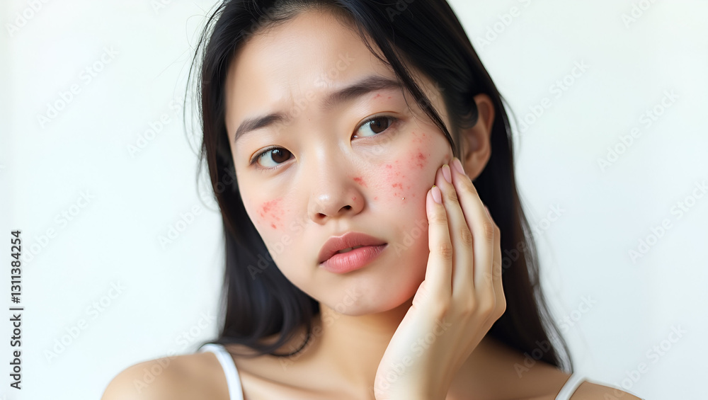 Worried-Looking Young Asian Woman in Her Early Twenties with Pimpled Skin and Concerned Expression Worried-Looking Young Asian Woman in Her Early Twenties with Pimpled Skin and Concerned Expression