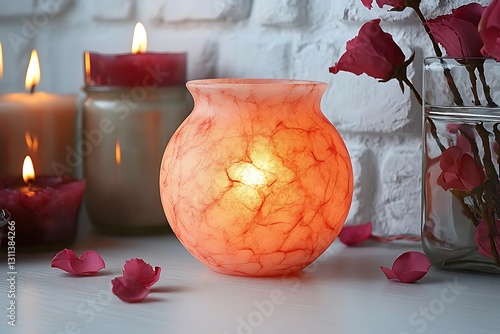 Illuminated wax warmer, roses, brick wall