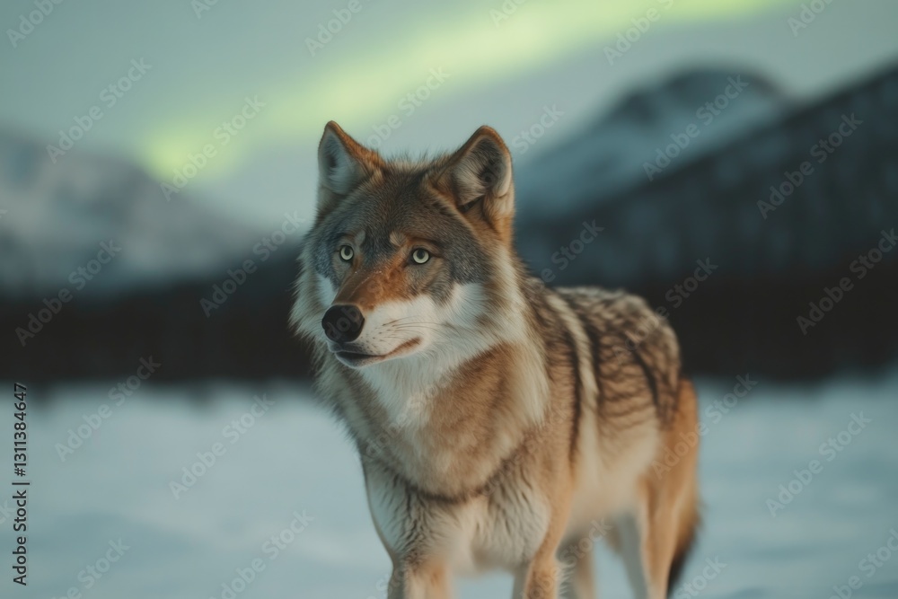 Obraz premium Majestic wolf stands in snowy landscape illuminated by northern