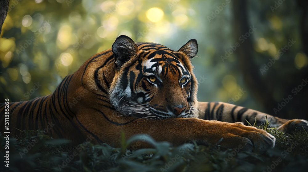 Obraz premium Majestic Malayan tiger resting in lush forest, serene and powerful