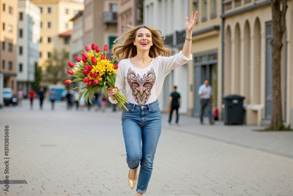 Joyful woman in jeans and white top running with vibrant tulip bouquet on city street. Bright flowers and spring sunlight create a lively mood, symbolizing renewal and happiness. Joyful woman in jeans and white top running with vibrant tulip bouquet on city street. Bright flowers and spring sunlight create a lively mood, symbolizing renewal and happiness.