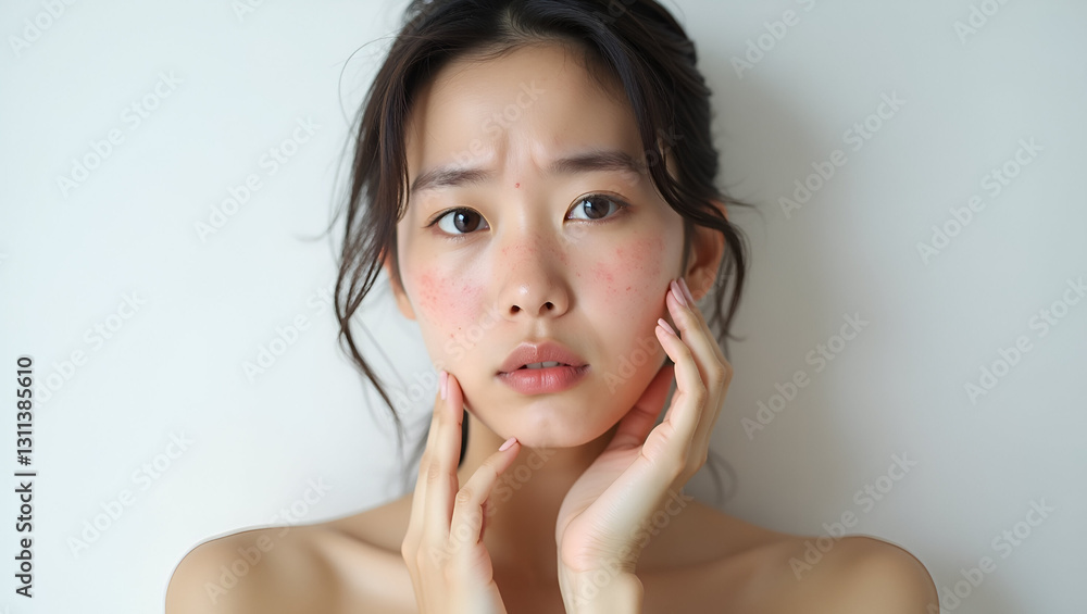Worried-Looking Young Asian Woman in Her Early Twenties with Pimpled Skin and Concerned Expression Worried-Looking Young Asian Woman in Her Early Twenties with Pimpled Skin and Concerned Expression