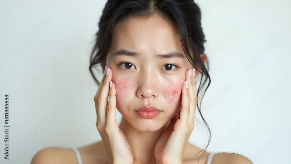 Worried-Looking Young Asian Woman in Her Early Twenties with Pimpled Skin and Concerned Expression Worried-Looking Young Asian Woman in Her Early Twenties with Pimpled Skin and Concerned Expression