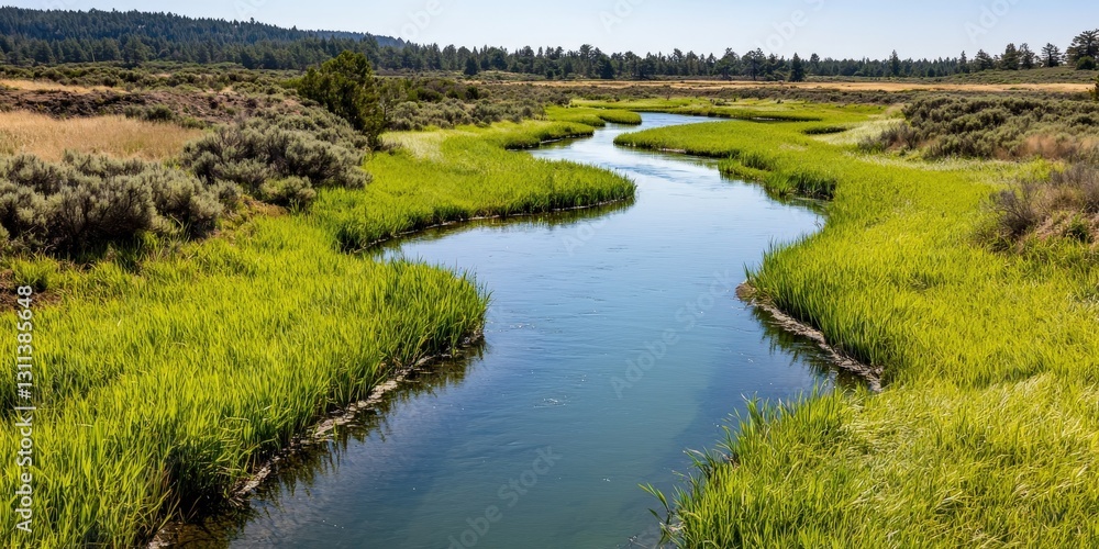 Ecological impact climate recovery concept. Serene river flows through lush green grasslands under clear blue skies. Ecological impact climate recovery concept. Serene river flows through lush green grasslands under clear blue skies.