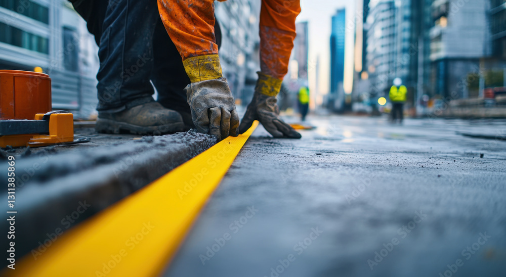 Worker carefully aligns a concrete street edge in a bustling urban area. The site is filled with towering buildings and fellow workers managing ongoing construction activities Worker carefully aligns a concrete street edge in a bustling urban area. The site is filled with towering buildings and fellow workers managing ongoing construction activities