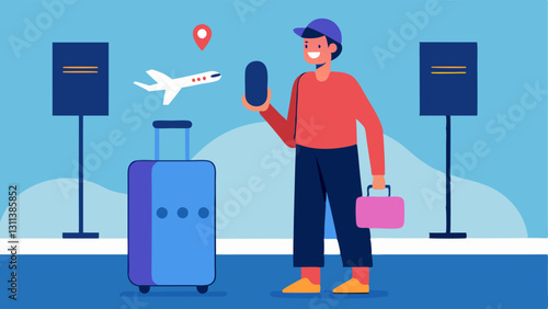 Travel Companion A person at an airport asking their voice assistant about flight updates with luggage and a smart speaker in sight.