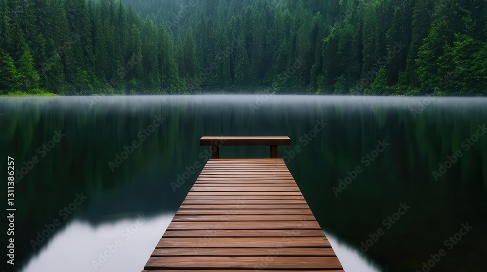 Fototapeta premium Dock extending into a mistcovered lake, with a bench at the end, inviting solitude and contemplation in the soft morning light, 3D render
