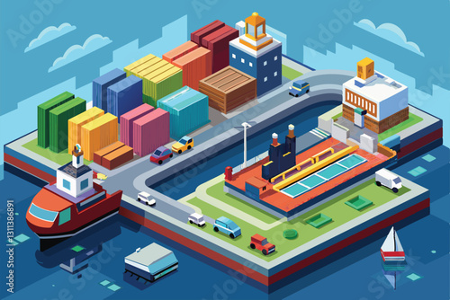 The illustration features a vibrant port with cargo containers, a tugboat, and vehicles on a sunny day, Port Customizable Isometric Illustration