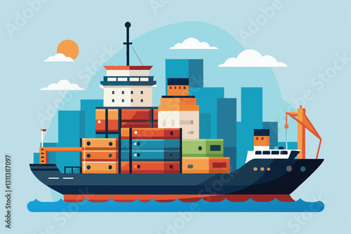 A vibrant cargo ship is surrounded by towering buildings, transporting goods in a busy harbor setting, Port Customizable Semi Flat Illustration