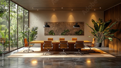 Modern conference room with wooden table, chairs, and lush greenery outside windows