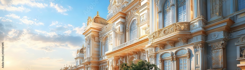 Obraz premium Opulent palace facade, intricate carvings, regal elegance, watercolor style