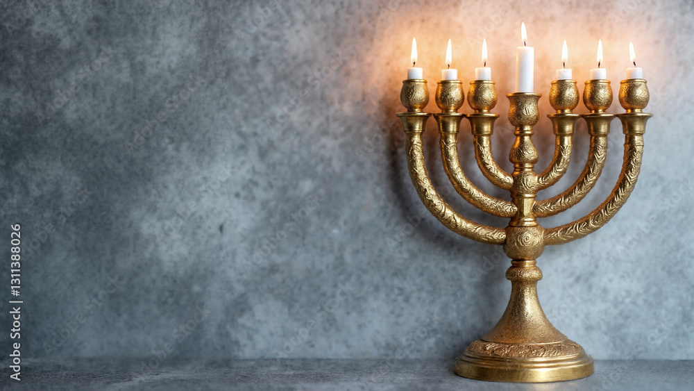 Exquisite Golden Hanukkah Menorah Against Textured Grey Background for Holiday Advertising and Religious Publications Exquisite Golden Hanukkah Menorah Against Textured Grey Background for Holiday Advertising and Religious Publications