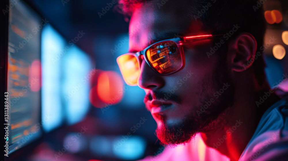 Focused man with glasses in neon lit environment Focused man with glasses in neon lit environment