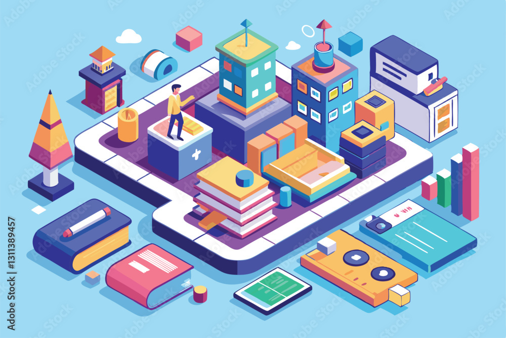 Explore a customizable design showcasing a dynamic isometric layout with diverse structures and elements, Portfolio update Customizable Isometric Illustration Explore a customizable design showcasing a dynamic isometric layout with diverse structures and elements, Portfolio update Customizable Isometric Illustration