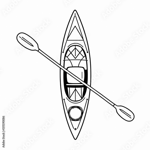 Minimalist Kayak Illustration Top Down View Black Lines Water Sport Adventure Gear Vector Style