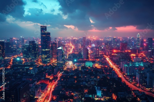 Wallpaper Mural Night cityscape with vibrant lights and dramatic clouds. Ideal for illustrating urban life, technology, or travel. Torontodigital.ca