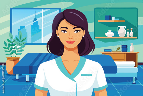 A professional female massage therapist is ready to provide care in a bright wellness center, Portrait of female massage therapist in medical cent