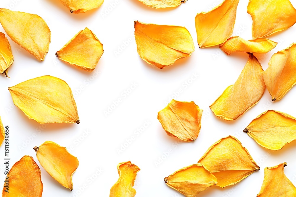 Dried sweet mango fruit slices isolated on white background Dried sweet mango fruit slices isolated on white background