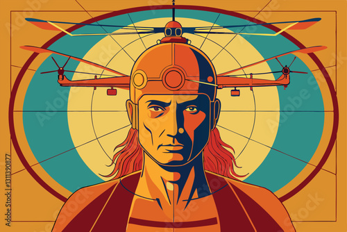 The artwork combines the Vitruvian Man with an early helicopter design, showcasing innovation and artistry, Portrait of Virtuvian man, scheme of first helicopter,