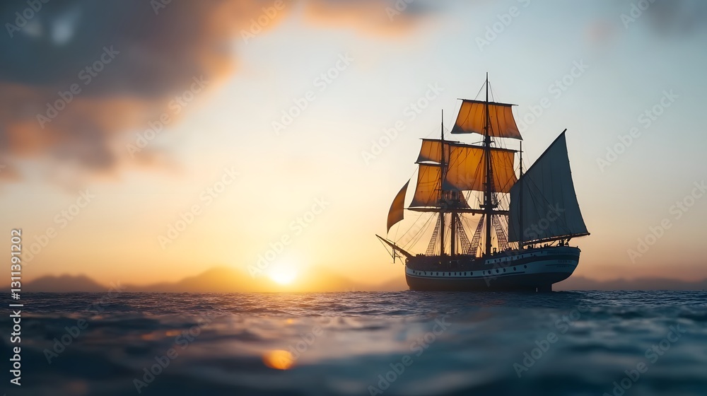 Low Angle View of a Massive Sailing Ship Silhouetted Against a Beautiful Dawn Sky