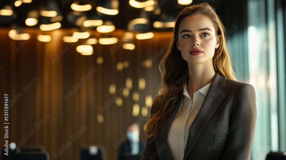 Obraz premium Confident Woman in a Stylish Suit Standing in Front of a Boardroom, Exuding Strong Leadership Presence While Giving an Inspiring Speech