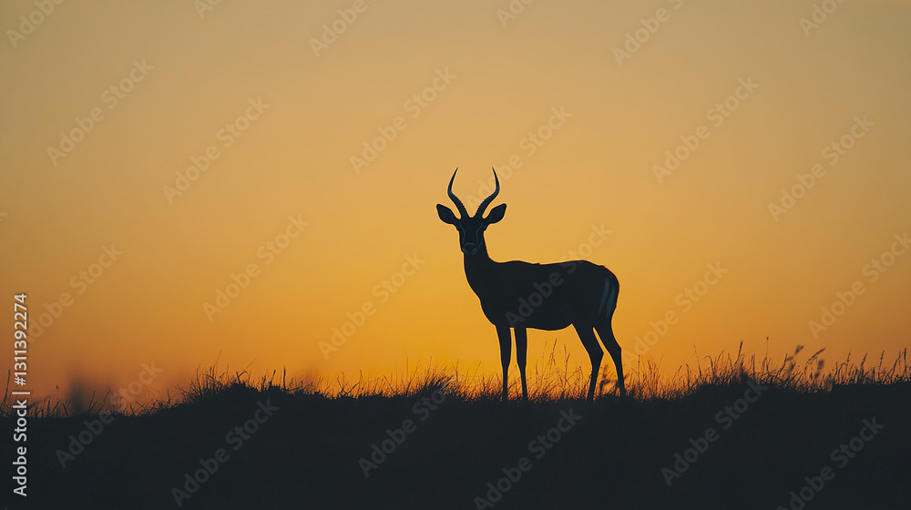 Naklejka premium Silhouetted antelope at sunset on grassy hill