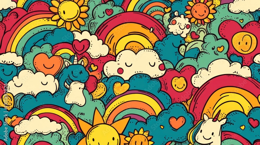 Fototapeta premium Colorful Rainbow Doodle Pattern with Unicorns