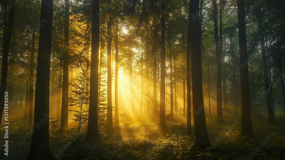 Fototapeta premium Misty forest with golden sunrise filtering through trees